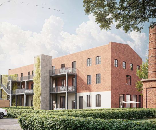 Brauns Werk 11 von hinten. Mit Außentreppe und der Außenansicht des Fahrstuhls